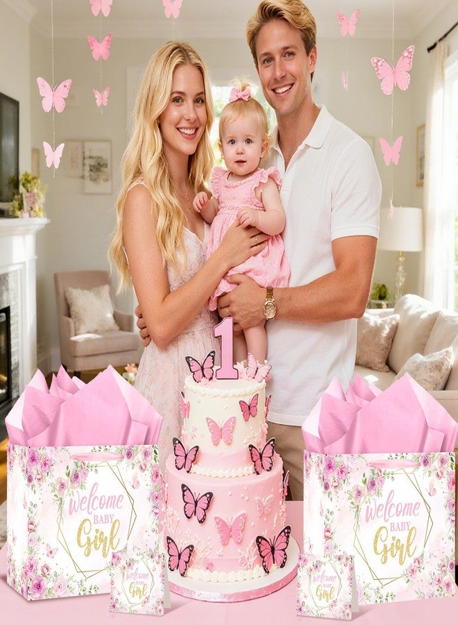 Woosytoo Welcome Baby Girl Gift Bag Pink Floral Wrapping Bag with Greeting Card and Tissue Paper Gender Reveal Baby Girl Treat Candy Bag for Baby Shower Gender Reveal Birthday Party Supplies - Image 3